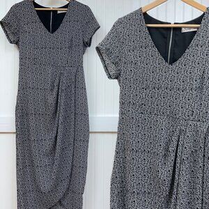 Sunny Girl Black White Cap Sleeve V-Neck Midi Dress Women's Size M Draped Front